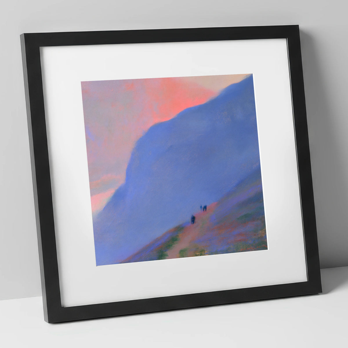 Walkers Ascending the Twilight Fell lake district walking art print in black frame