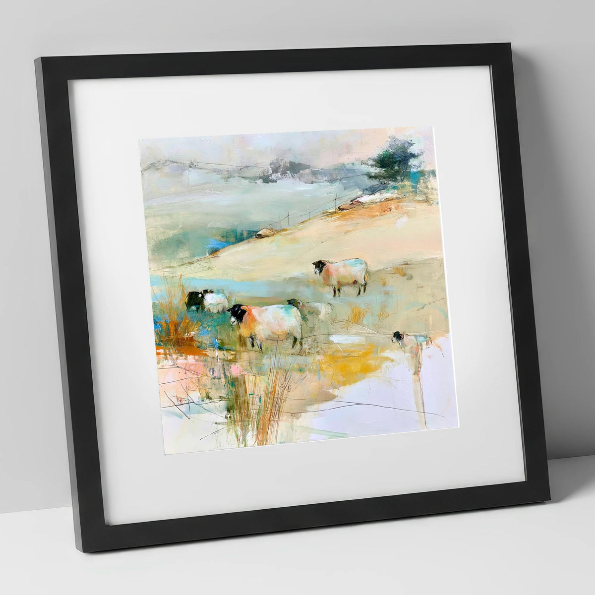 Contemporary Herdwick Sheep on Fellside lake district wildlife art print in black frame