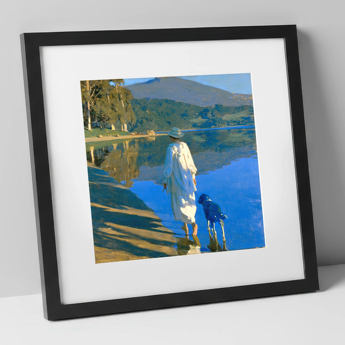 Sunlit Dog Walk Coniston Water gifts for dog walkers art print in black frame