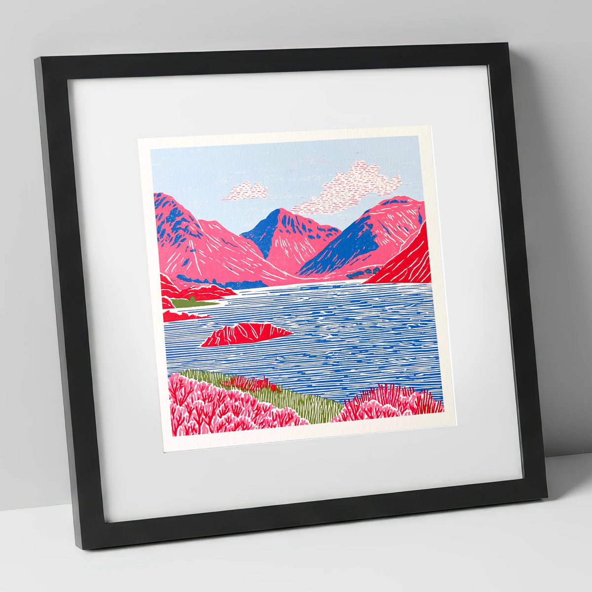 Vibrant Wasdale Fells and Lake lake district valley art print in black frame