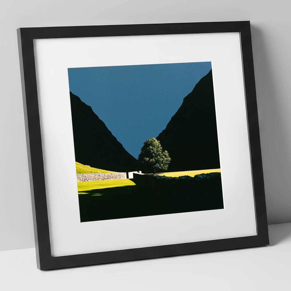 Sunlit Tree Between Silhouetted Fells lake district valley art print in black frame
