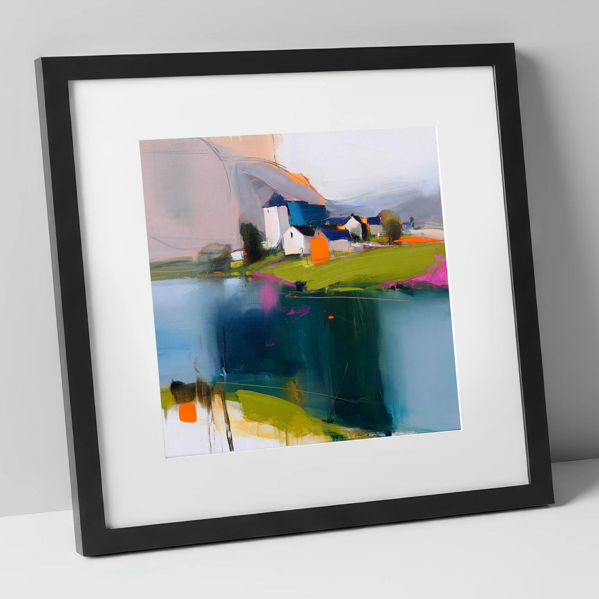 Vibrant Lakeside Village Reflections lake district village art print in black frame