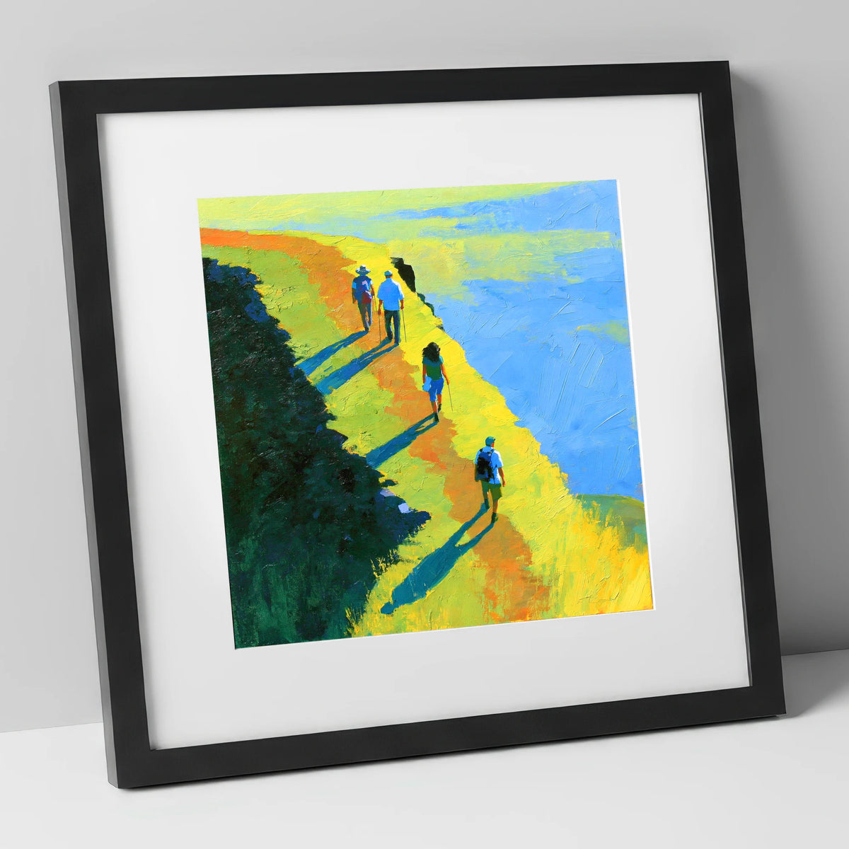 Fell Walkers on a Sunlit Ridge lake district fell art print in black frame