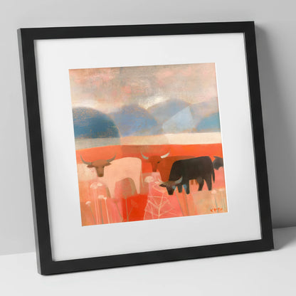 Highland Cattle against Slate Fells lake district wildlife art print in black frame