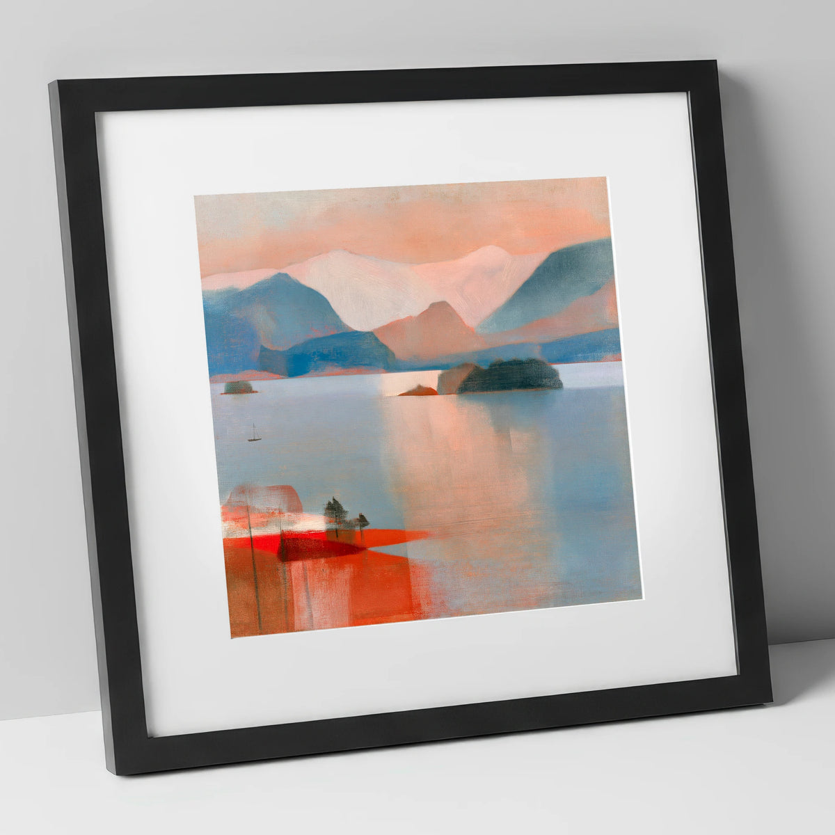 Derwentwater and Catbells Coral Dusk lake district lake art print in black frame