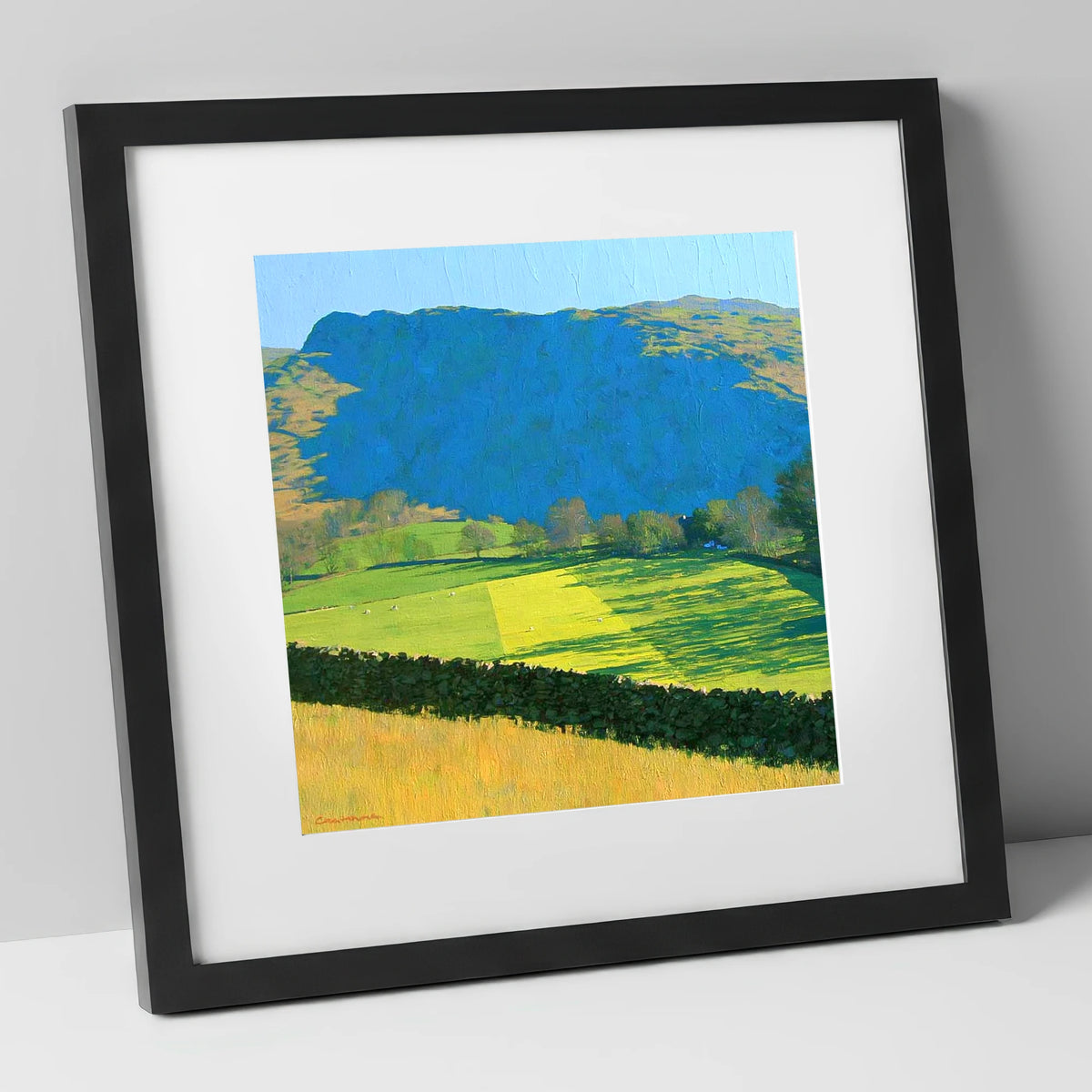 Sunlit Fields Below Troutbeck Tongue lake district fell art print in black frame
