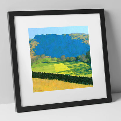 Sunlit Fields Below Troutbeck Tongue lake district fell art print in black frame