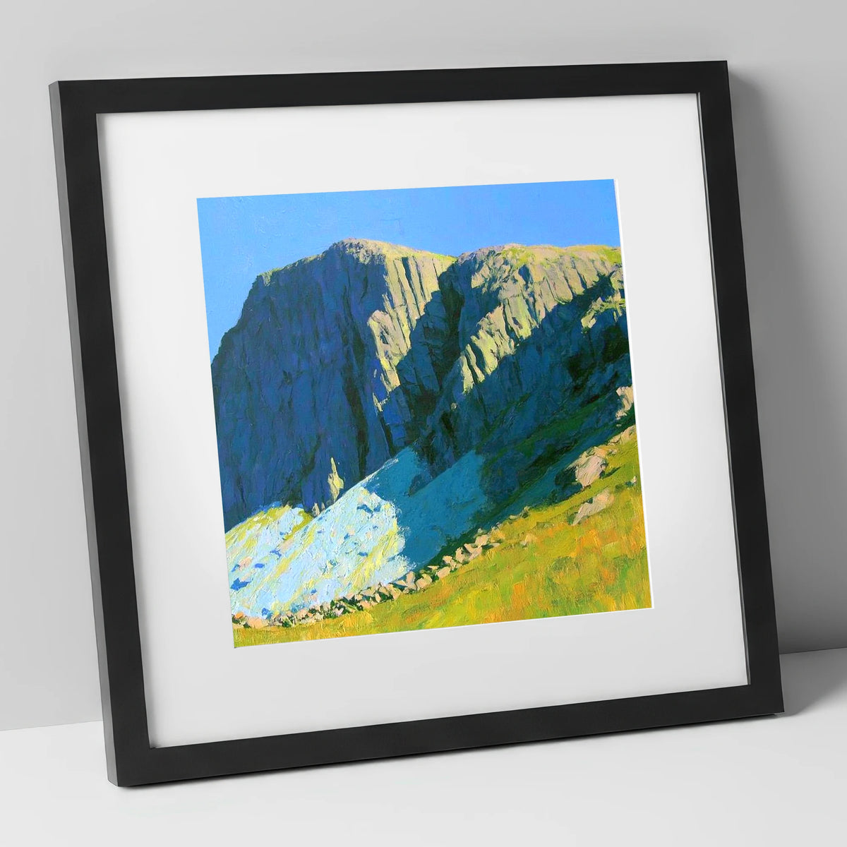 Sunlit Great End Rock Face lake district fell art print in black frame
