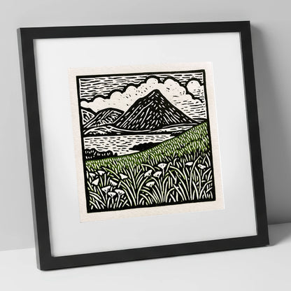 Bold Catbells and Wild Grasses lake district fell art print in black frame