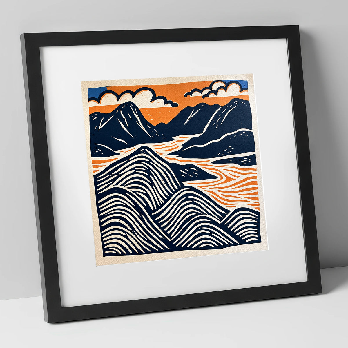 Mountain Summit in Navy and Orange lake district fell art print in black frame