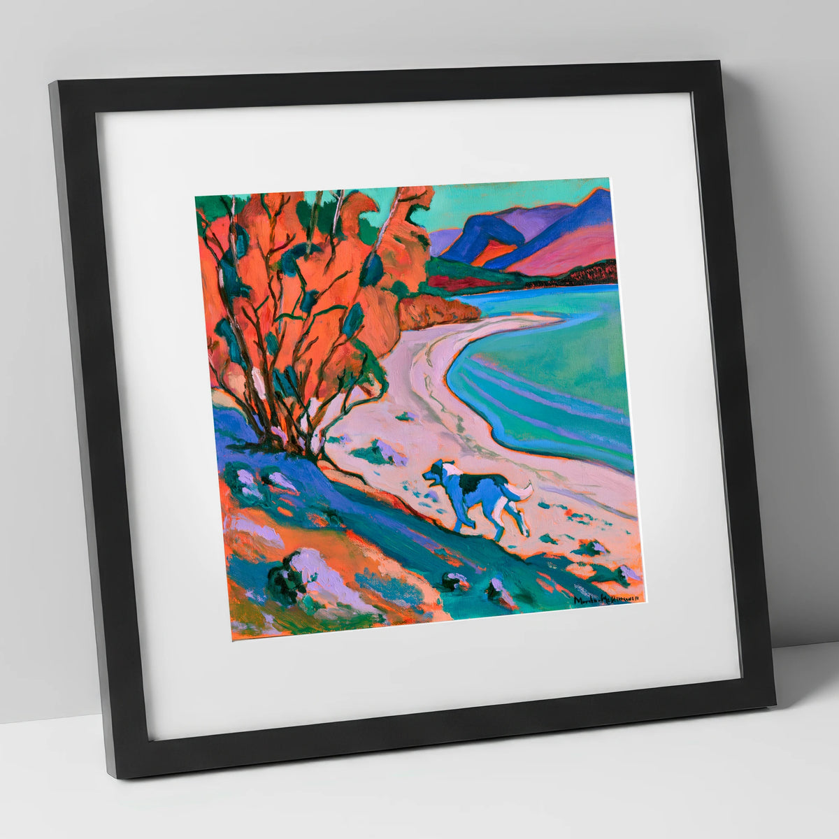 Colourful Derwentwater Shore with Dog derwentwater wall art art print in black frame