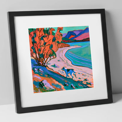 Colourful Derwentwater Shore with Dog derwentwater wall art art print in black frame