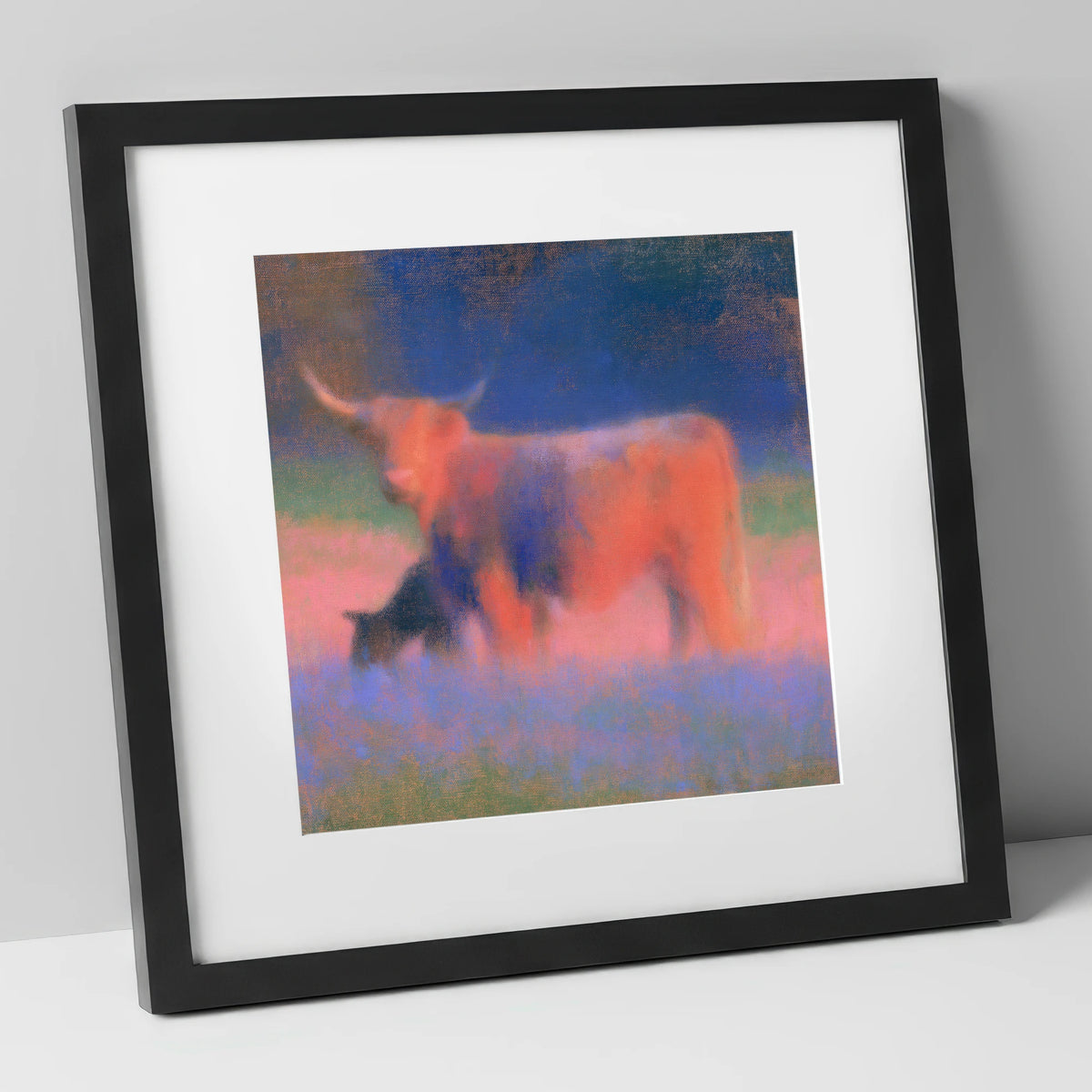 Highland Cattle in Twilight Haze lake district wildlife art print in black frame