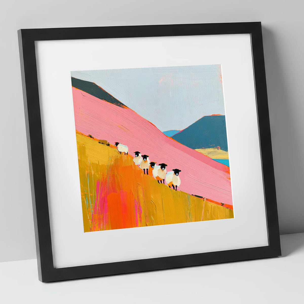 Vibrant Herdwick Sheep on Fellside lake district wildlife art print in black frame
