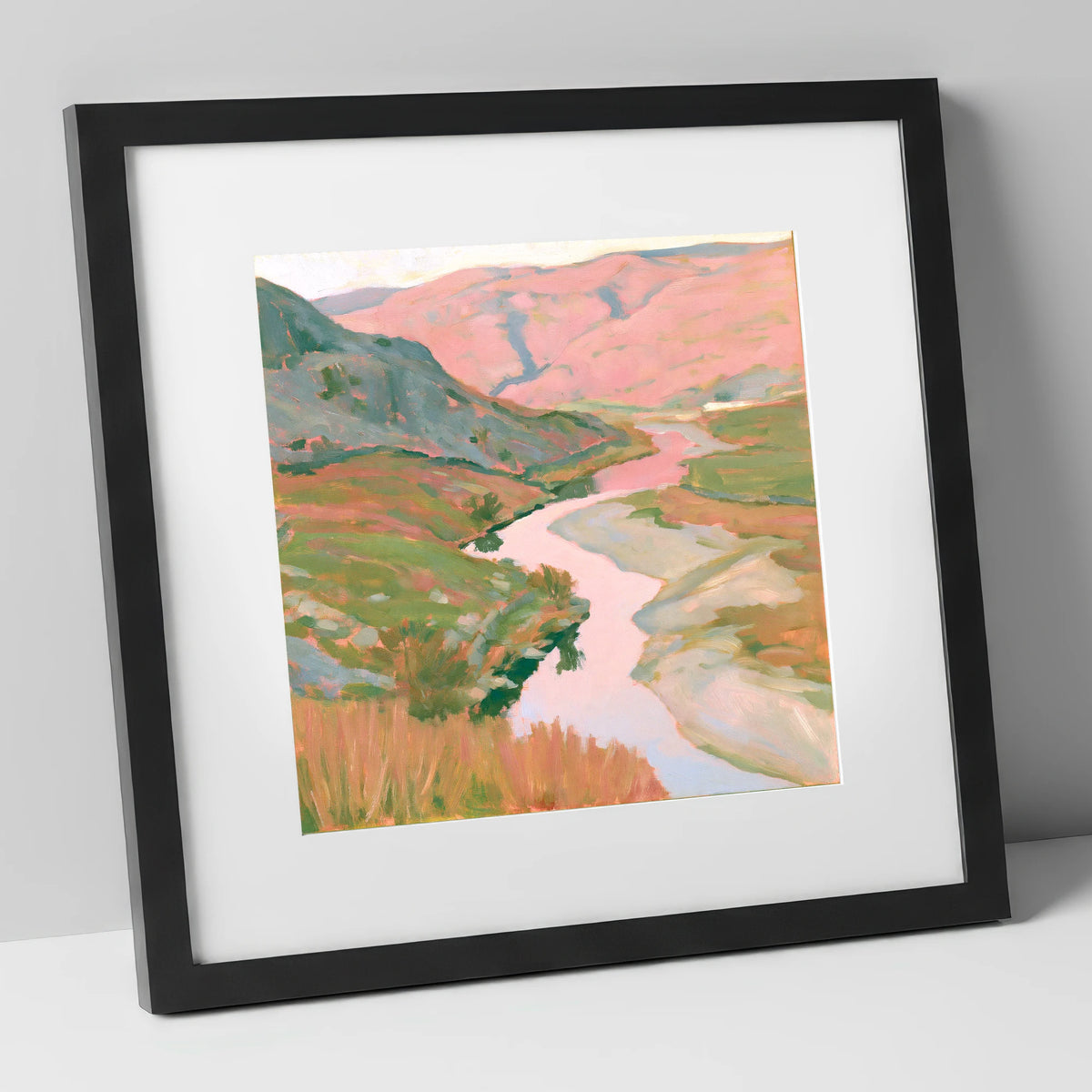 Pastel Light Over Valley River lake district waterfall art print in black frame