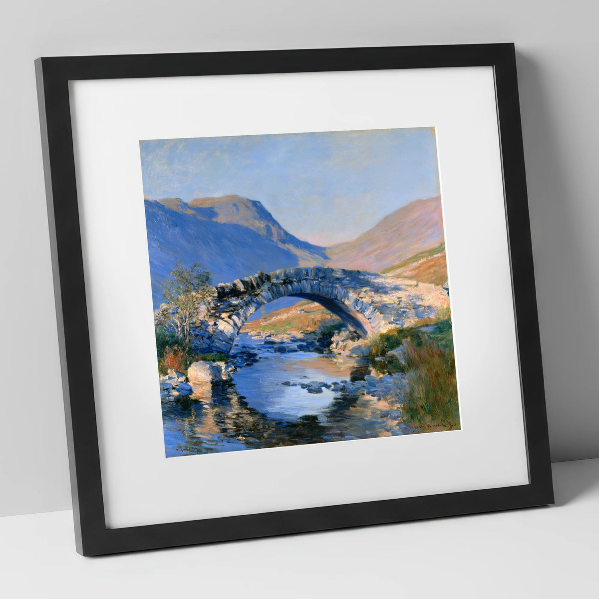 Luminous Stone Bridge Over Mountain Beck lake district waterfall art print in black frame