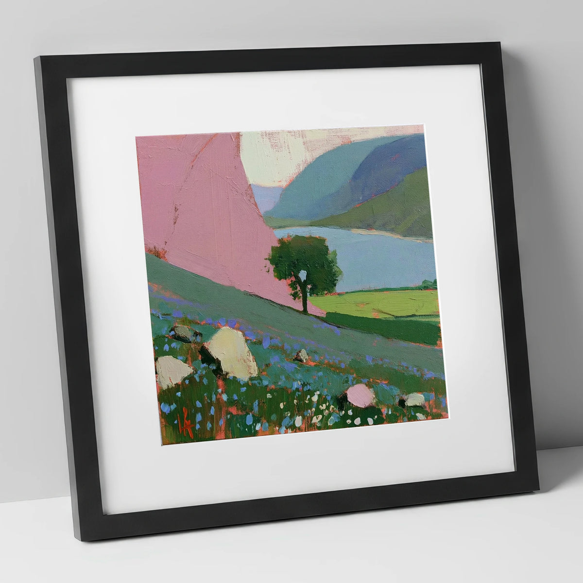 Pink Fellside Above Crummock Water lake district lake art print in black frame