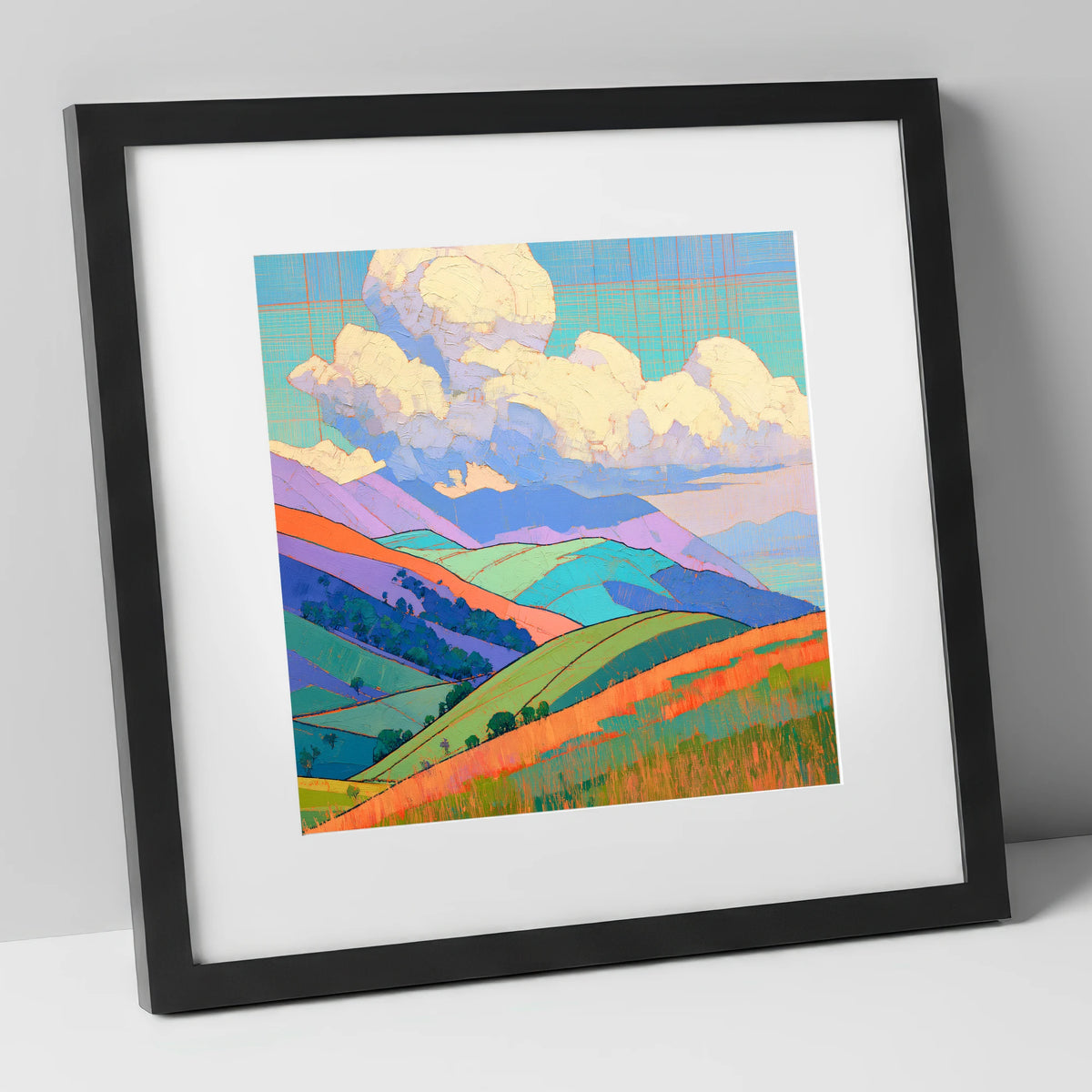 Vibrant Rolling Fells Under Cloud lake district fell art print in black frame