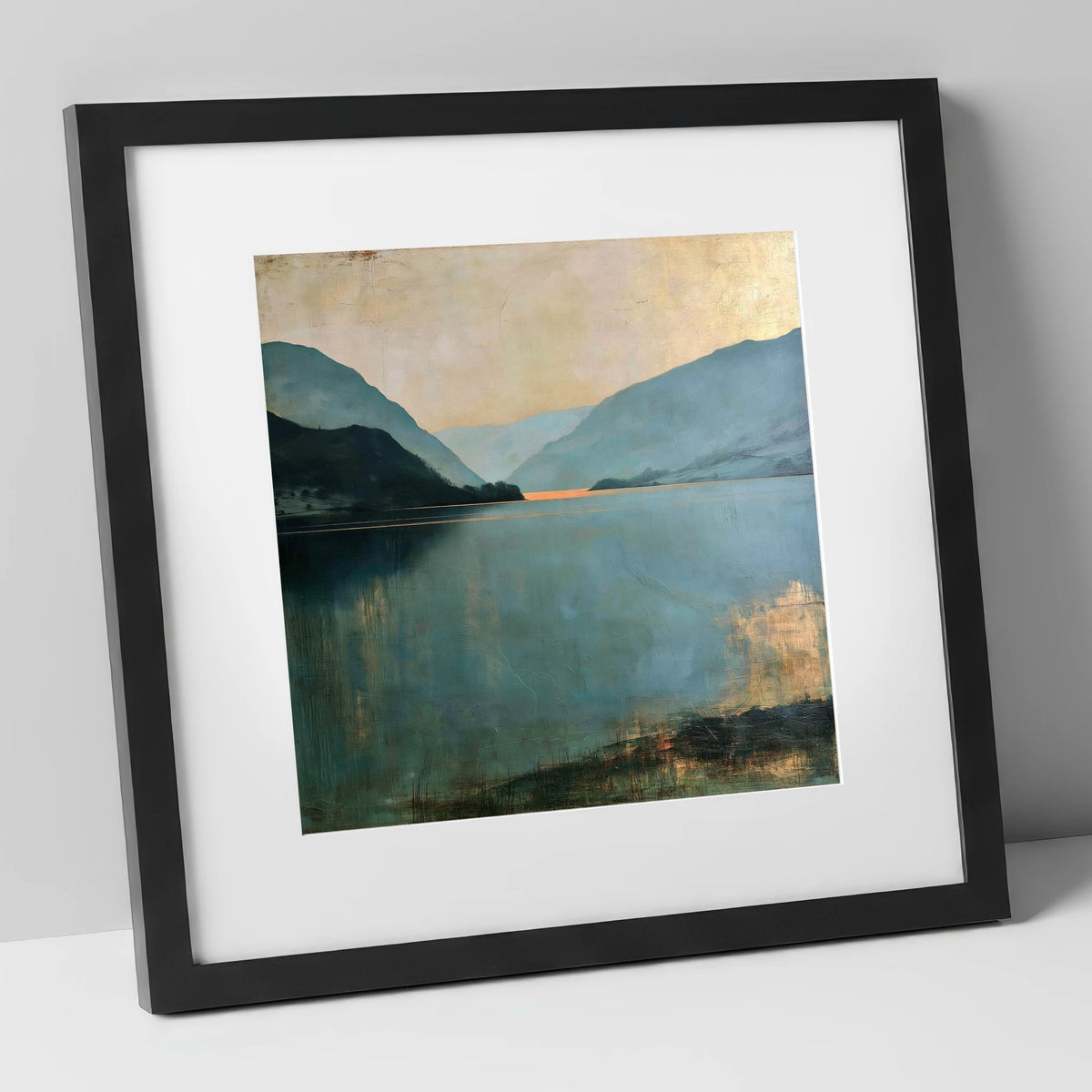 Ullswater Fells in Teal and Gold lake district lake art print in black frame