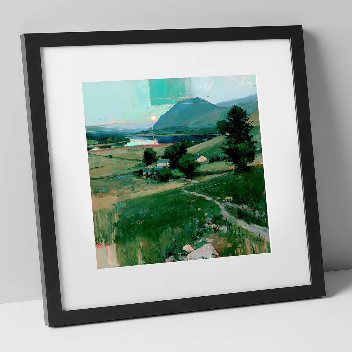 Neon Sunrise Over Lakeland Valley lake district lake art print in black frame