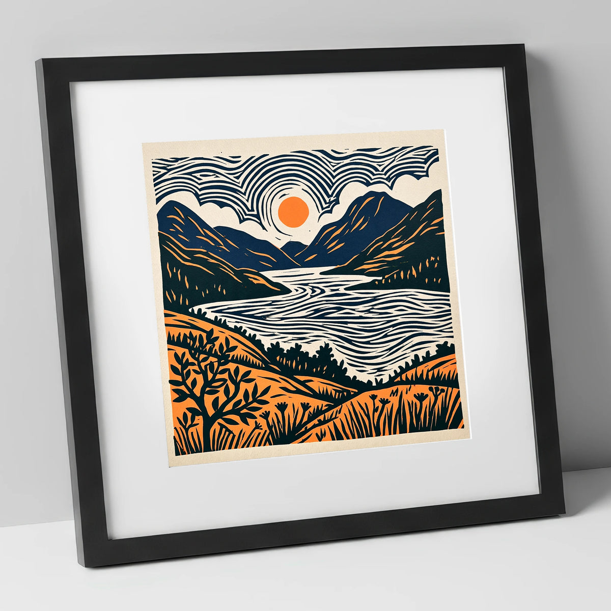 Orange Sun Over Ennerdale Water lake district valley art print in black frame
