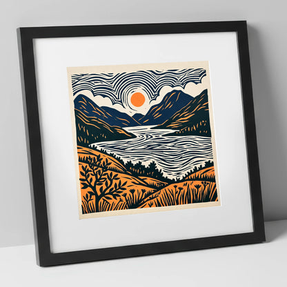 Orange Sun Over Ennerdale Water lake district valley art print in black frame