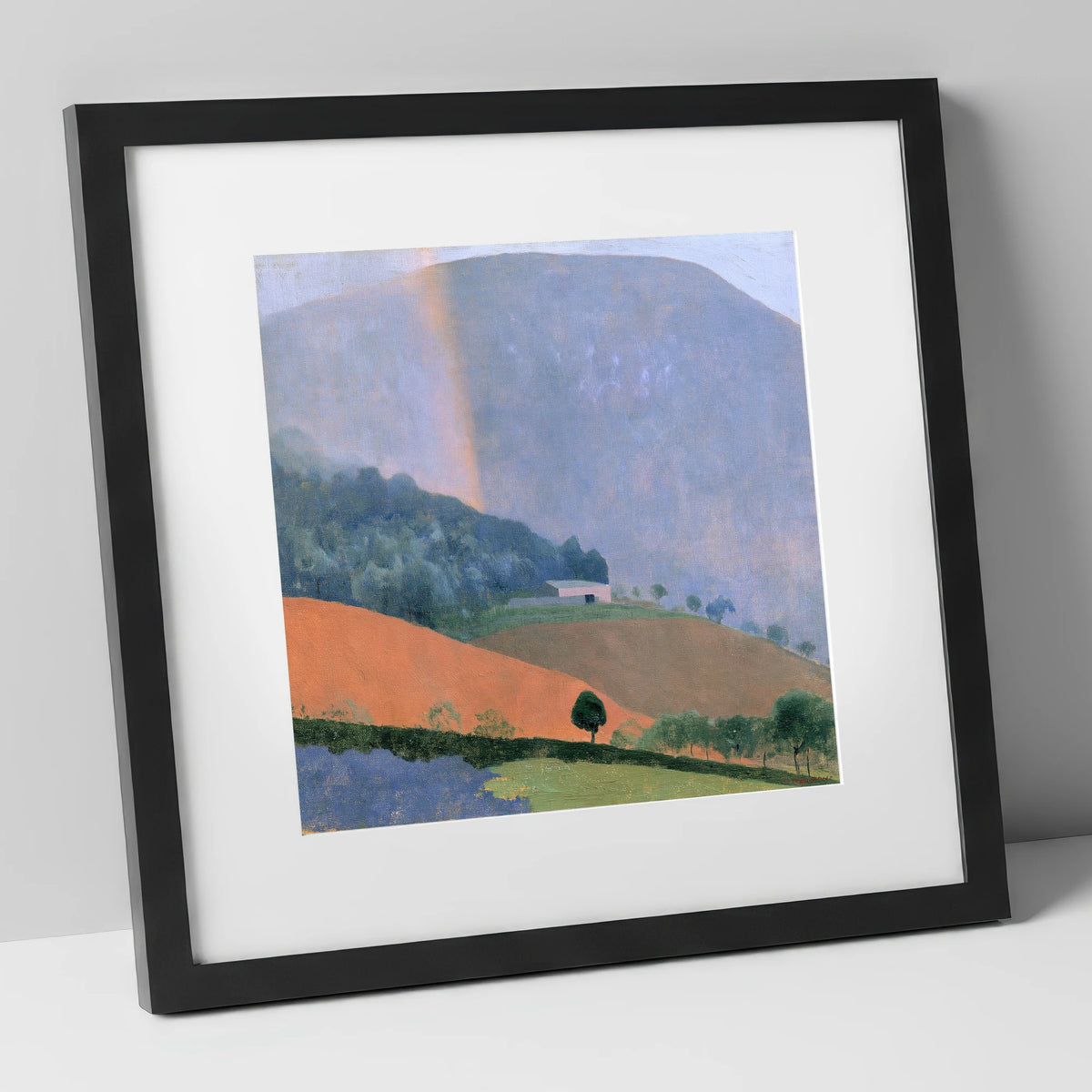 Fell Barn Under a Rainbow lake district sky art print in black frame