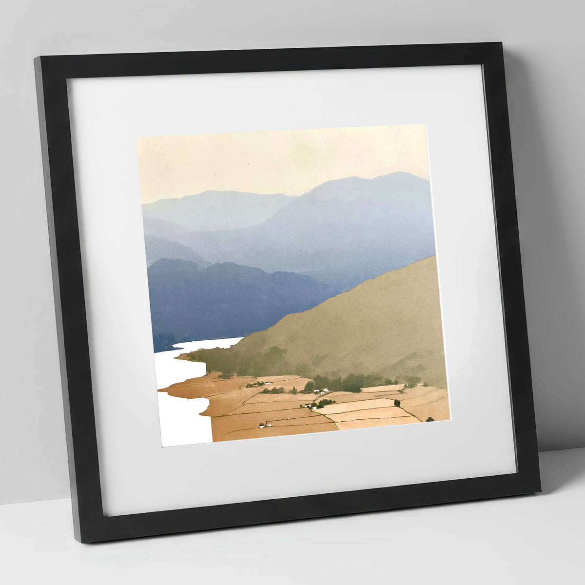 Blue Fells Above Patterdale Valley lake district village art print in black frame