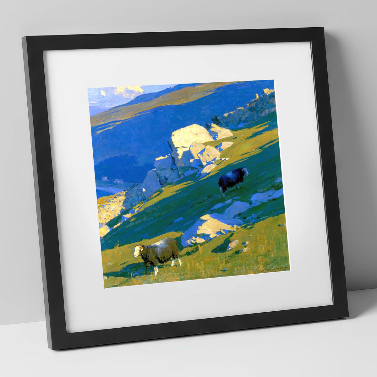 Herdwick Sheep on Sunlit Fell lake district wildlife art print in black frame