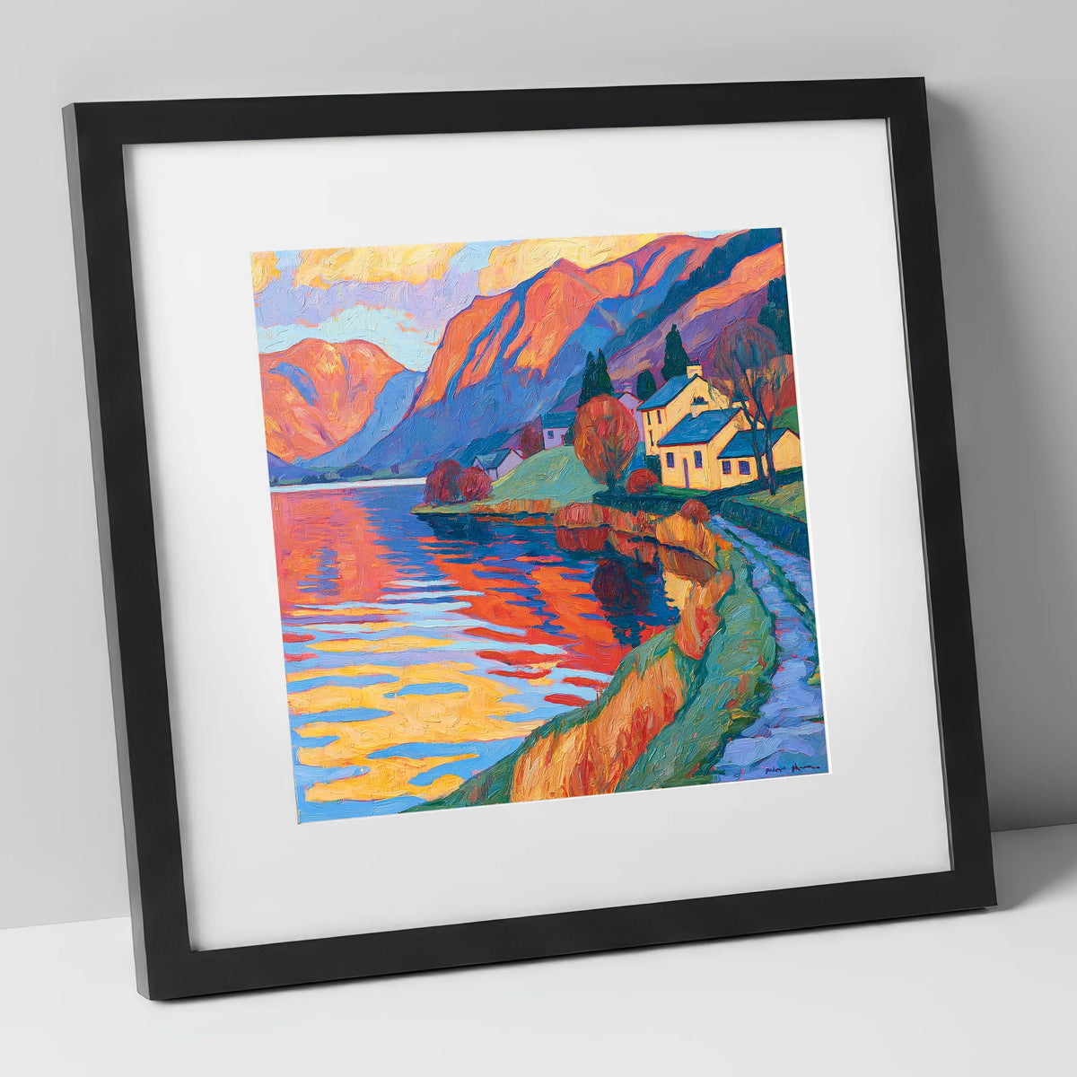 Golden Cottages on the Lakeshore lake district village art print in black frame