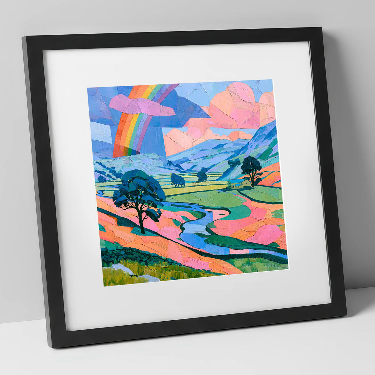 Lakeland Valley Rainbow After Rain lake district sky art print in black frame