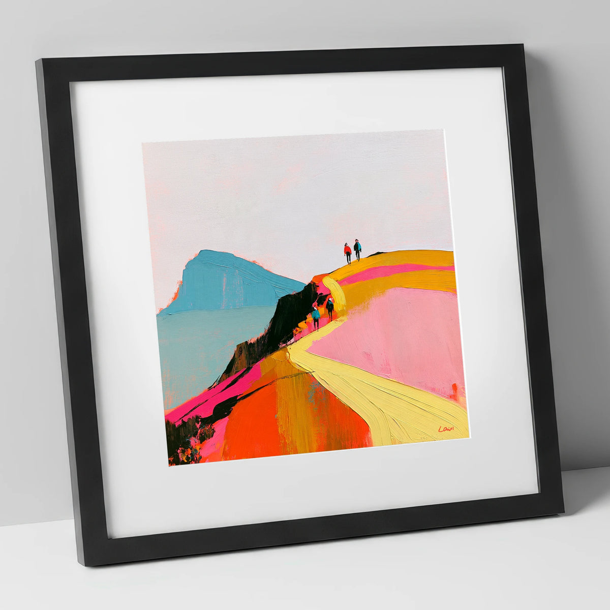 Walkers on a Vibrant Ridge lake district walking art print in black frame