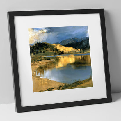 Lake Reflections in Golden Light lake district lake art print in black frame
