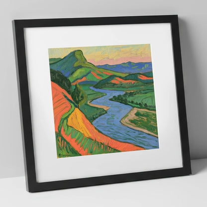 Vivid Orange and Green River Valley lake district waterfall art print in black frame