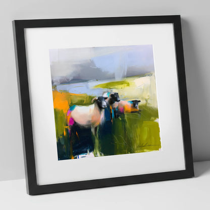 Vibrant Herdwick Sheep on Fellside lake district wildlife art print in black frame