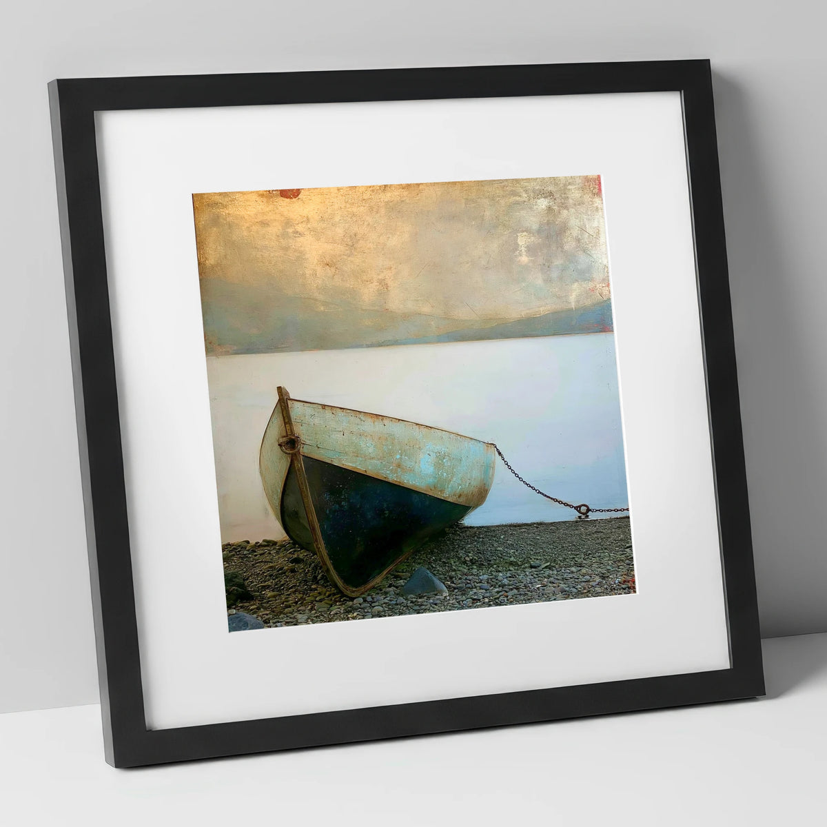 Grounded Teal Boat on Windermere lake district lake art print in black frame