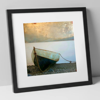 Grounded Teal Boat on Windermere lake district lake art print in black frame