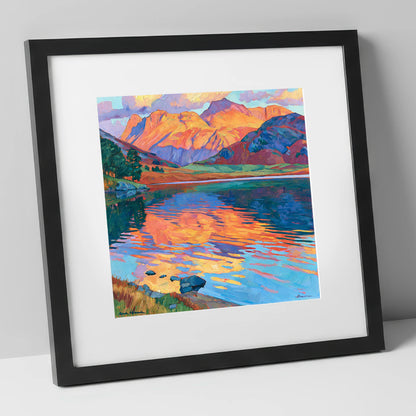Radiant Fells and Lake Reflections lake district lake art print in black frame