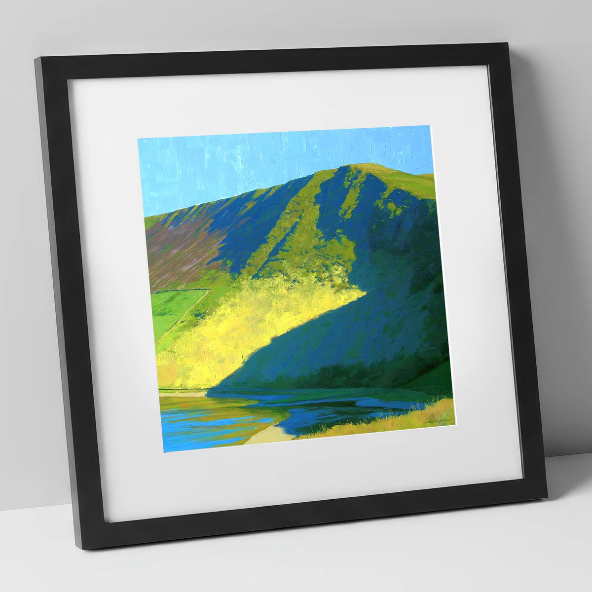 Sunlit Slopes of Lonscale Fell lake district fell art print in black frame