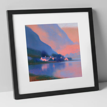 Lakeside Hamlet Beneath Indigo Fells lake district village art print in black frame