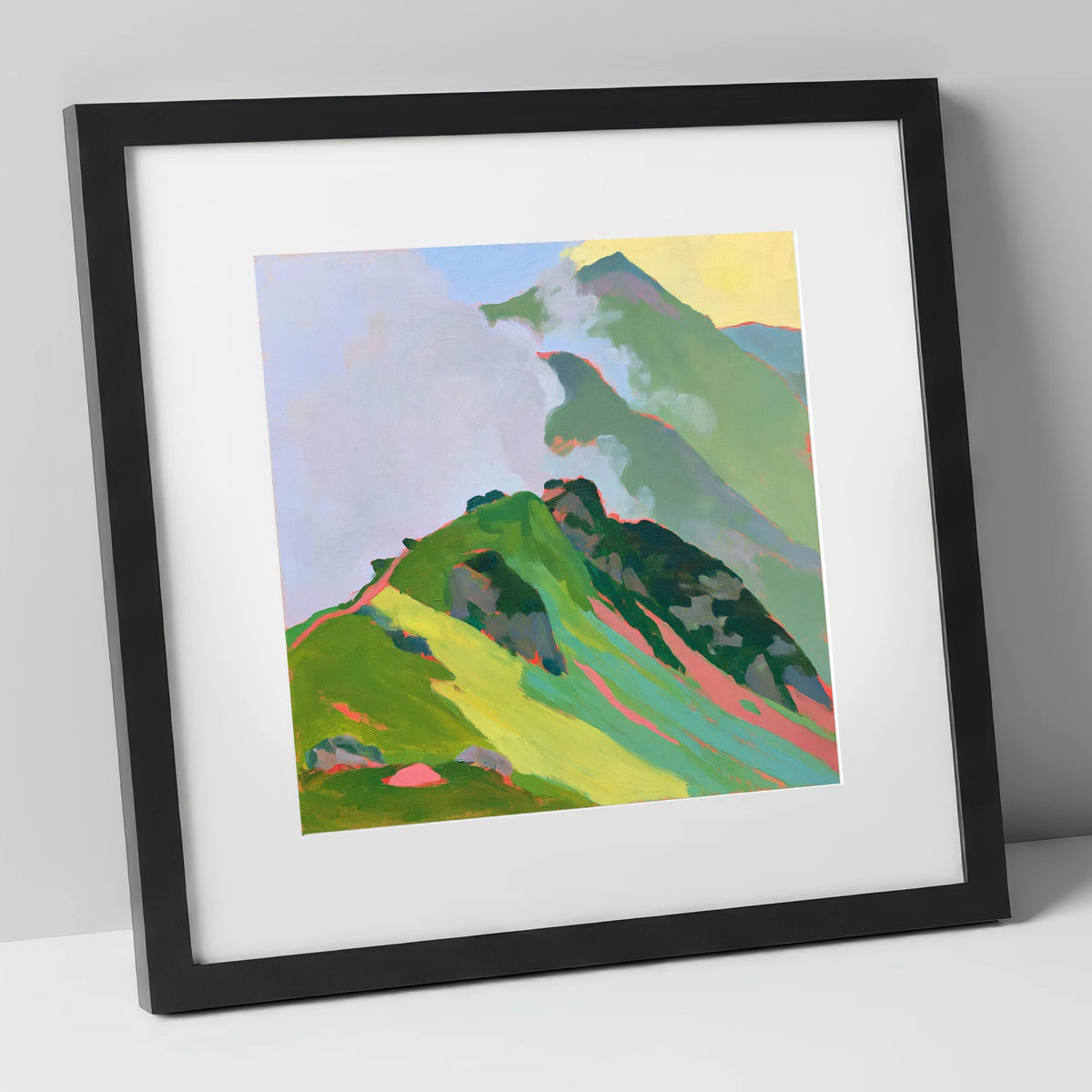 Vibrant Mountain Ridge in Mist lake district fell art print in black frame
