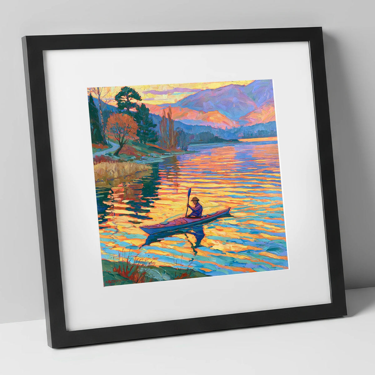 Sunset Kayaker on the Lake lake district walking art print in black frame