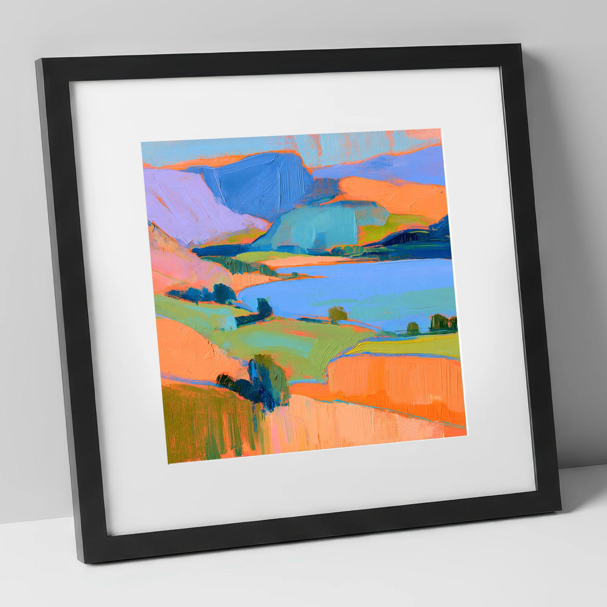 Vibrant Fells And Blue Lake lake district lake art print in black frame