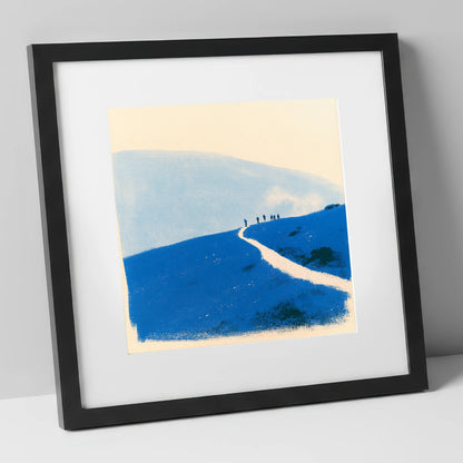 Walkers on a Blue Mountain Path lake district walking art print in black frame