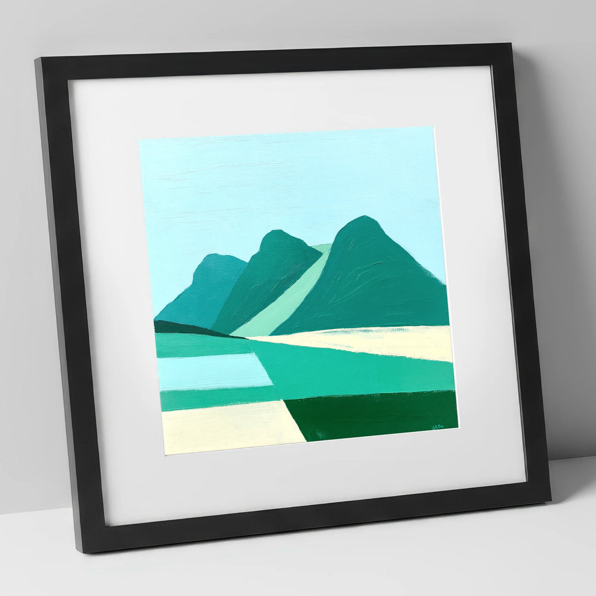 Geometric Langdale Pikes in Teal lake district fell art print in black frame