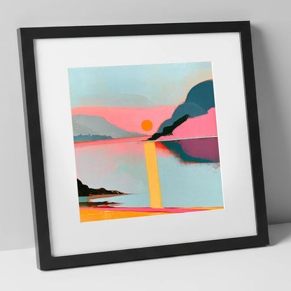 Bold Pink Sunset Over The Lake lake district lake art print in black frame