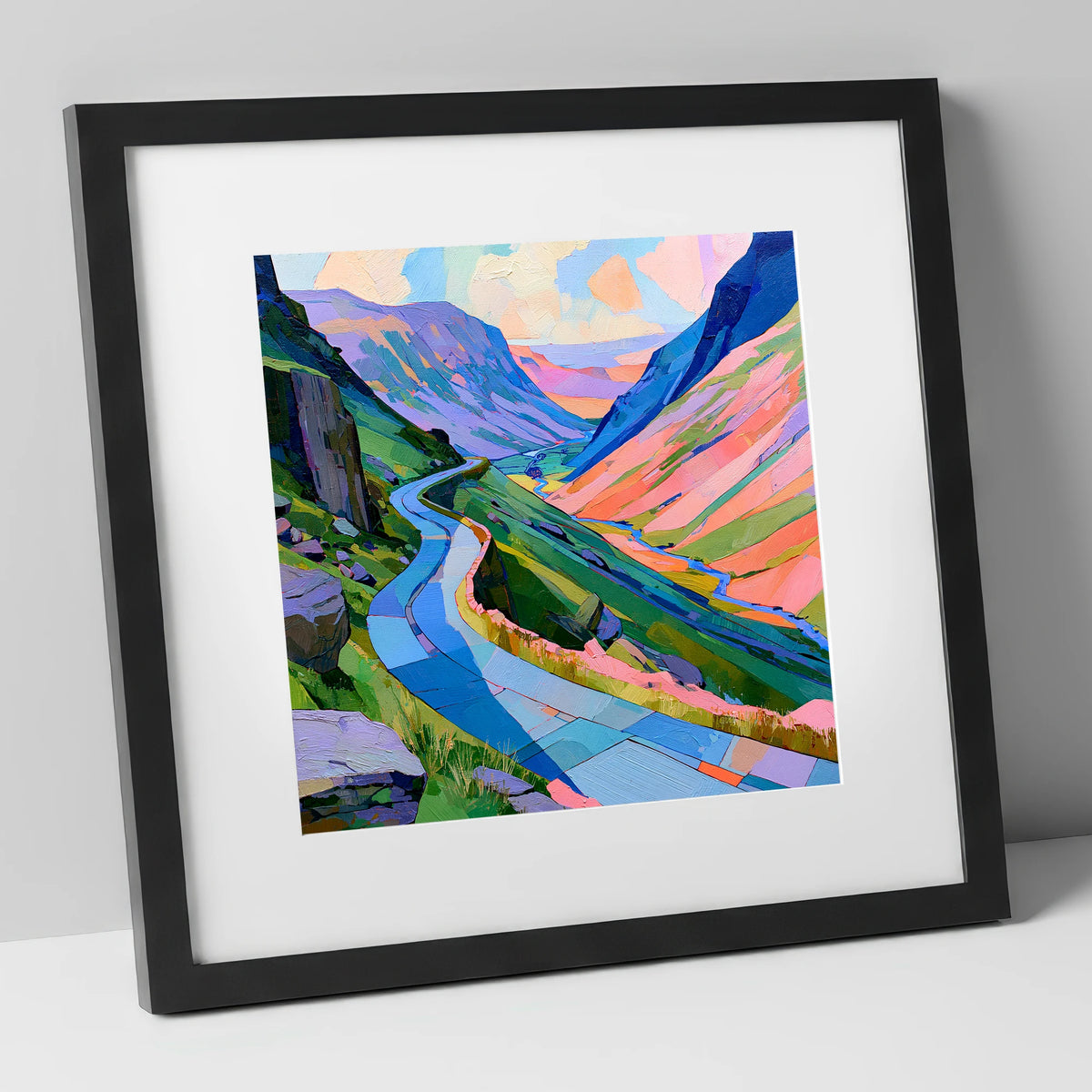 Colourful Winding Mountain Pass lake district valley art print in black frame