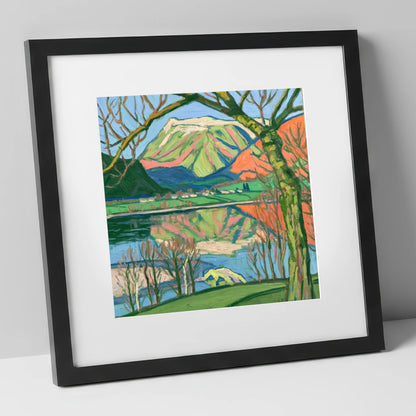 Vibrant Fells above Pooley Bridge lake district village art print in black frame