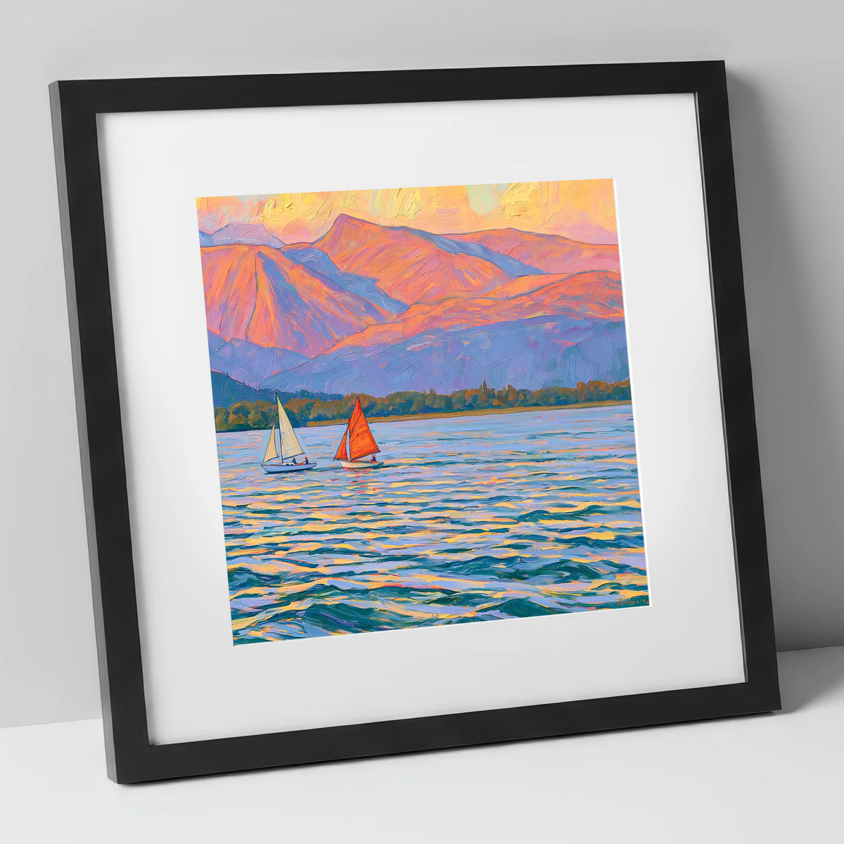 Sailing Windermere Under Purple Fells lake district lake art print in black frame