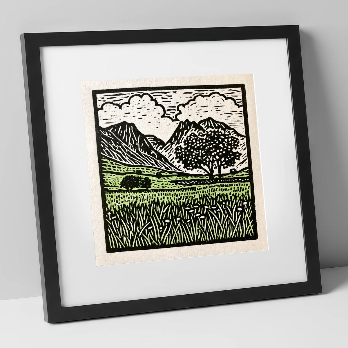 Langdale Pikes Spring Meadow lake district fell art print in black frame